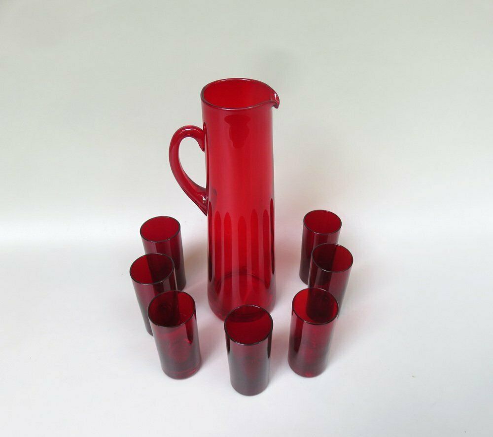 Water Jug With 7 Glasses In Red By Reijmyre Sweden, Designed  By Monica Bratt, Sweden, 1950s, Set Of 8 photo furniture