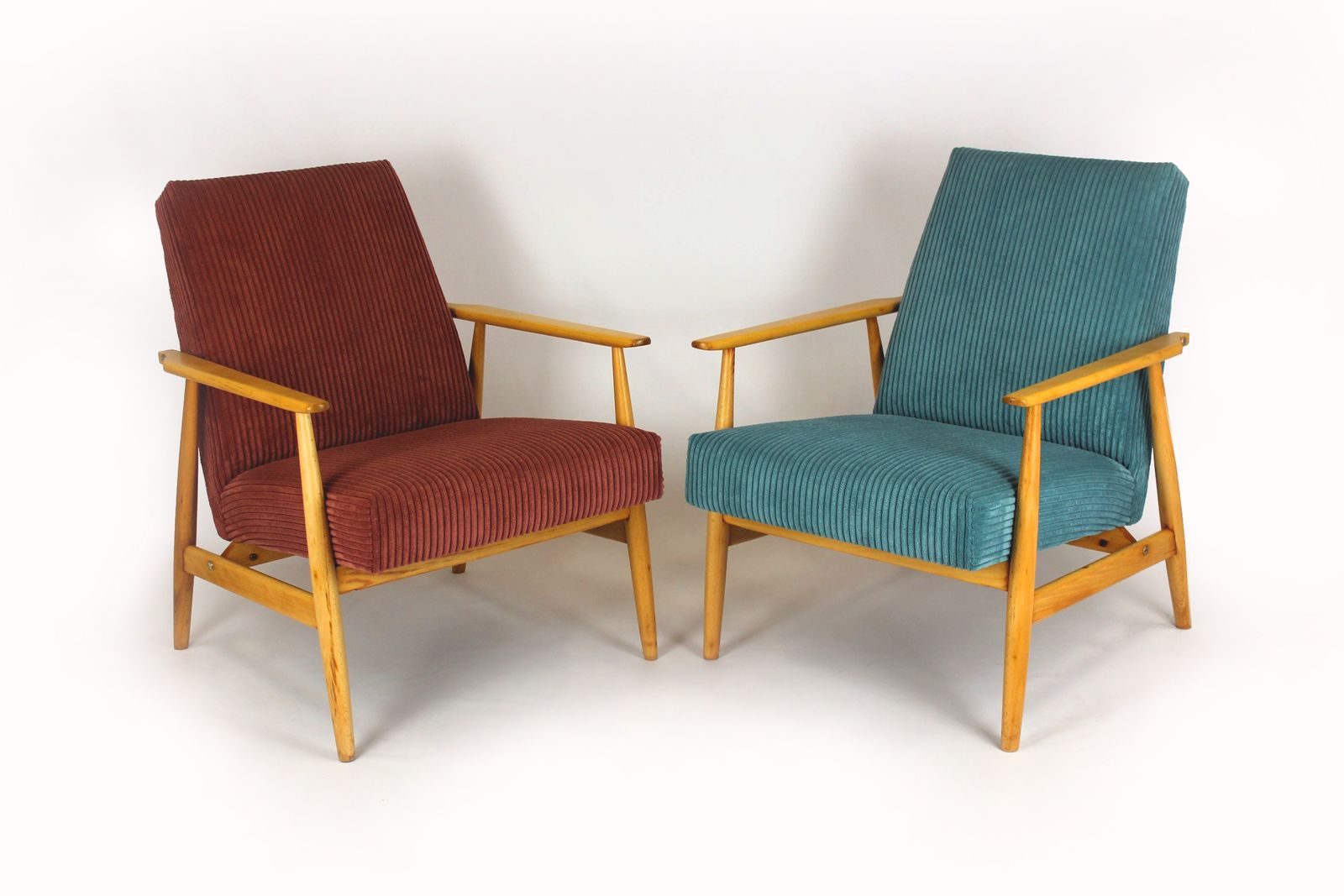 Mid Century Pink & Turquoise Beech Armchairs, 1960s, Set Of 2