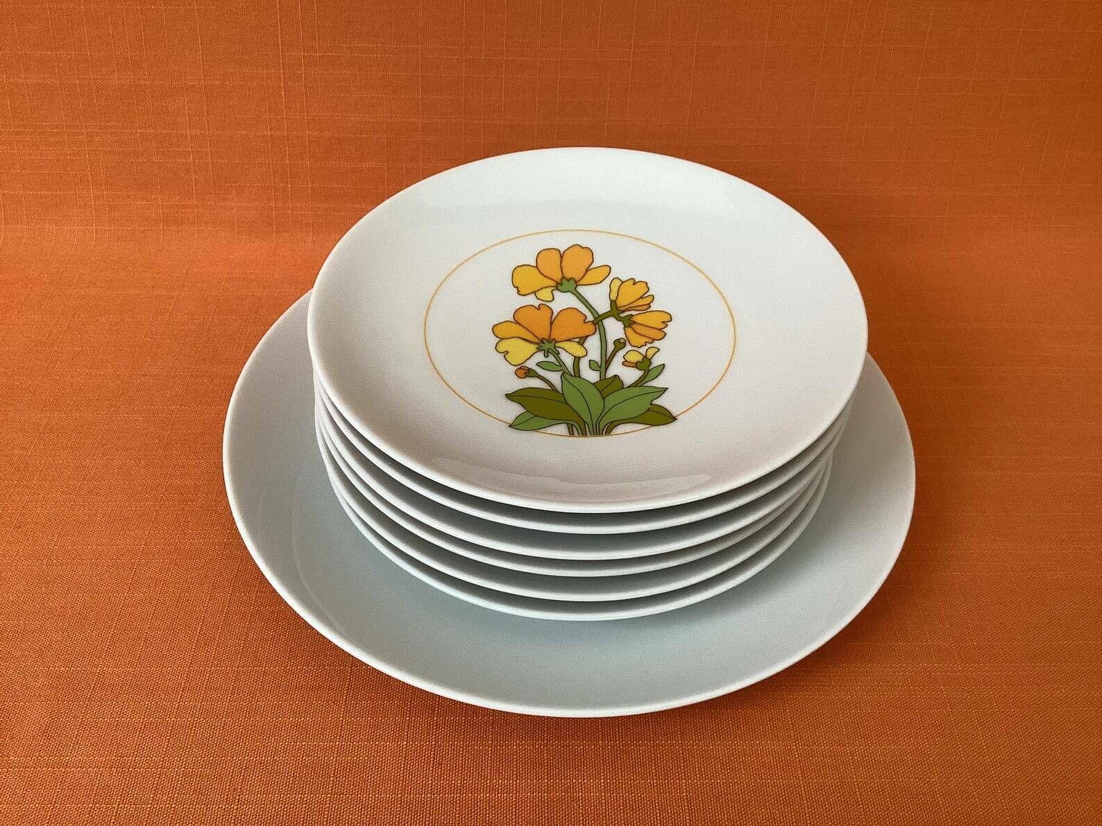 Thomas Germany theebordes en cakebordje in het 'Summer'-design, jaren 1970 (set van 7), retro Thomas porselein Summertime-bordes (7"), Rosenthal photo for sale