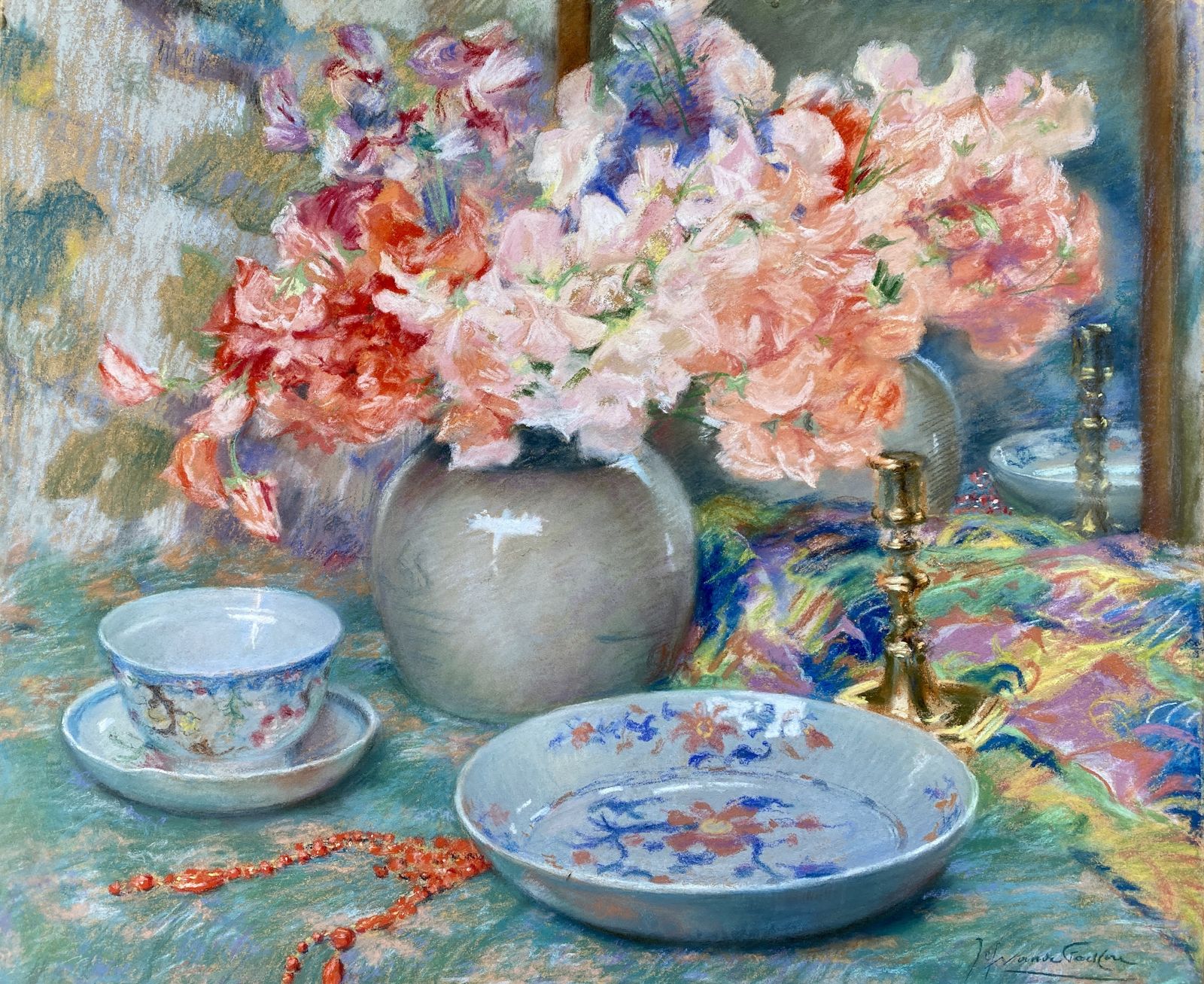 Joseph Vande Fackere, Brugge 1879 – 1946, Les Fleurs Et Accessoires, Pastel photo furniture