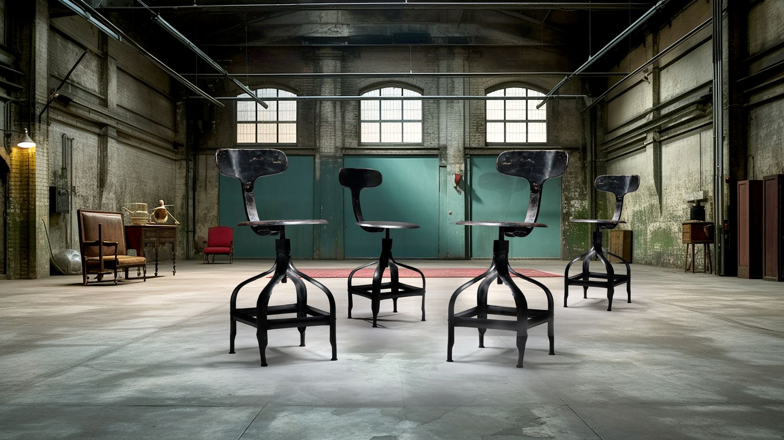 Fantastic Industrial Pressed Steel Adjustable Engineers Stool With Twist Height, Circa 1970's, 4 Available.