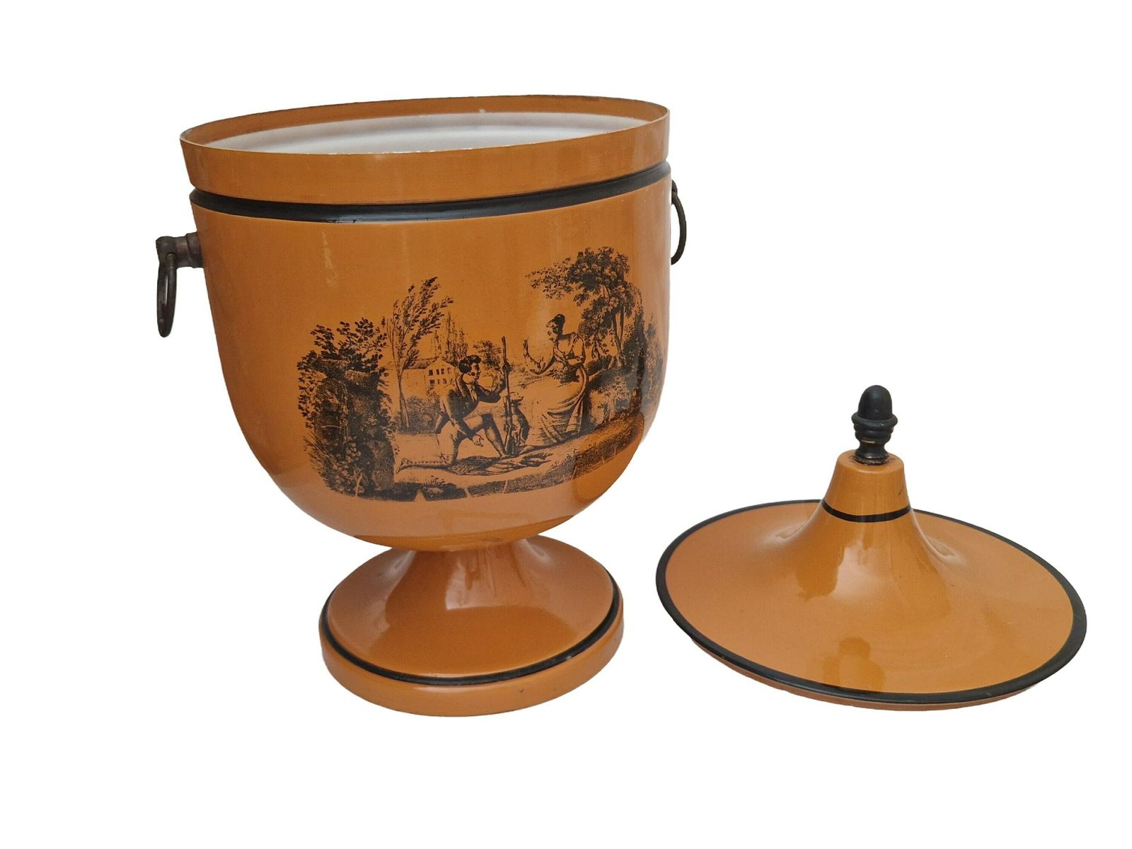 Italian Tole Urn Ice Bucket With Lid And Brass Accents, Antique Style Vintage Toleware photo for sale