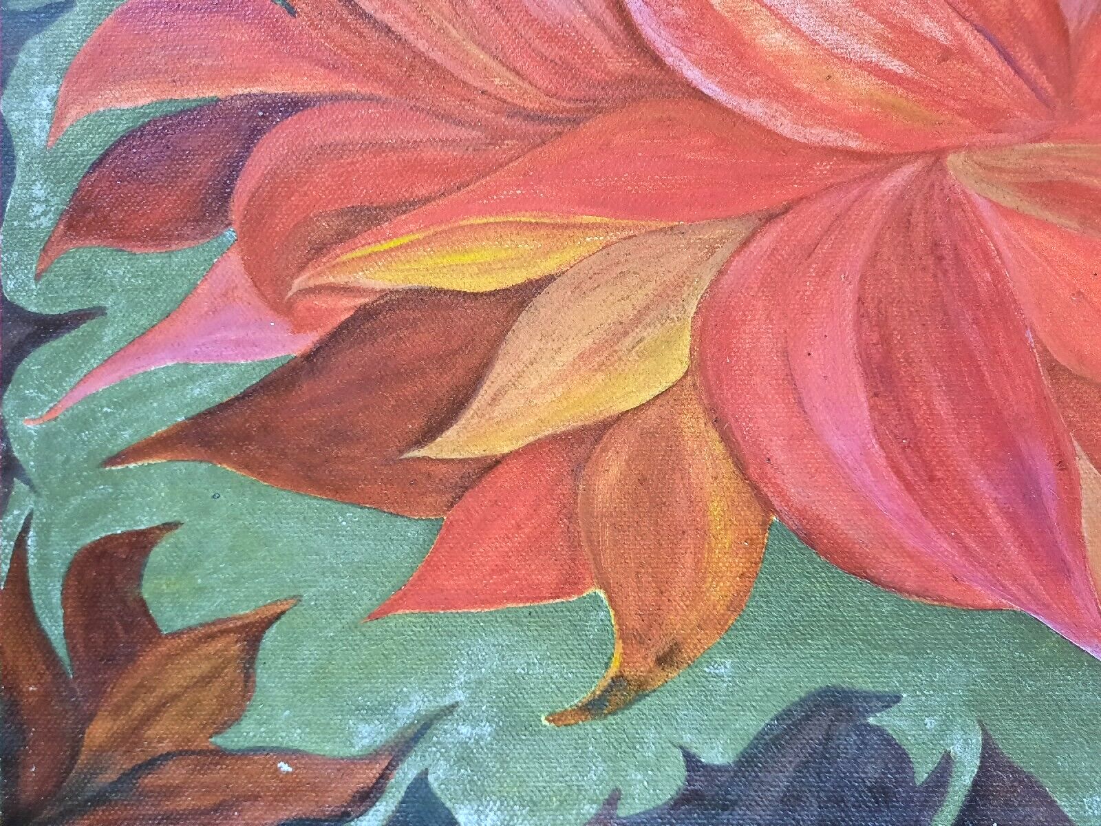 Vintage Original Gouache Painting On Canvas Of Red Flowerhead Petals photo for sale