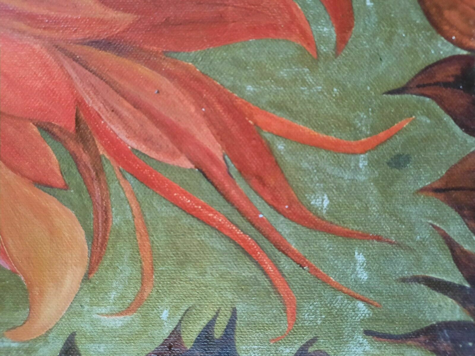 Vintage Original Gouache Painting On Canvas Of Red Flowerhead Petals photo vinterior