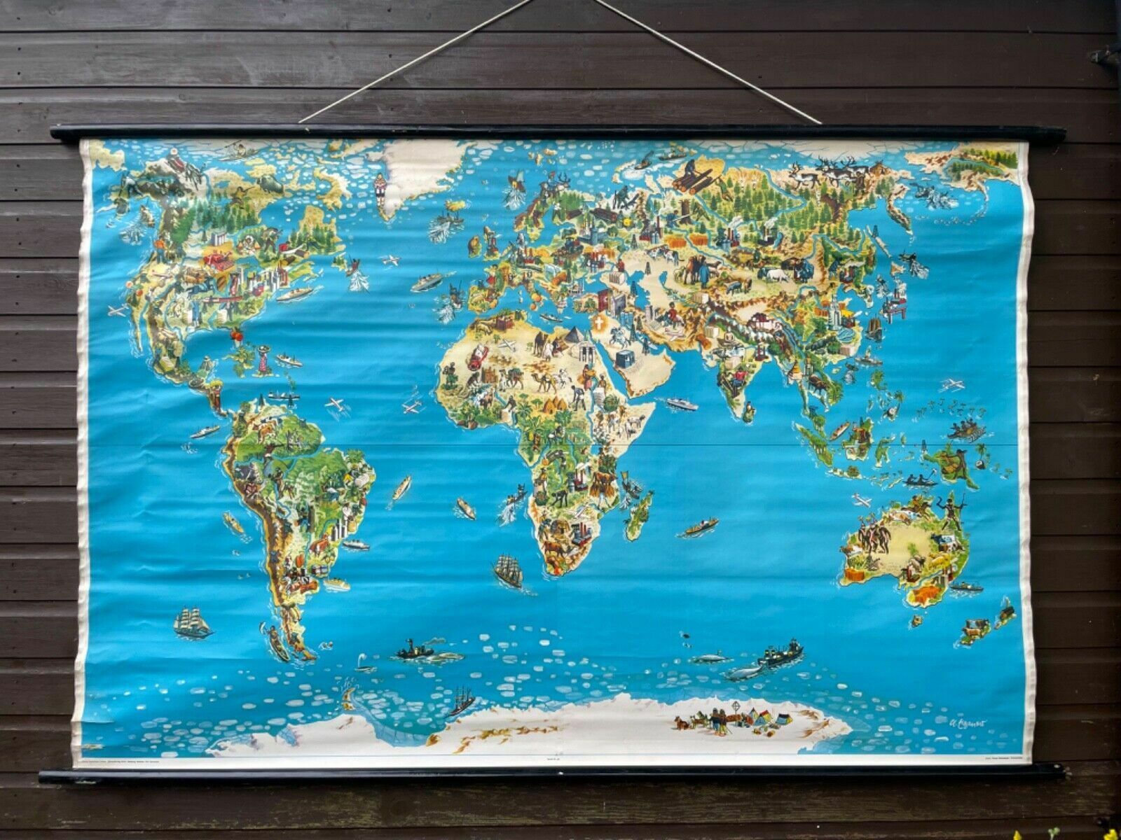 Large Rare Vintage Map Of The World School Chart Trade Pictorial Linen Poster