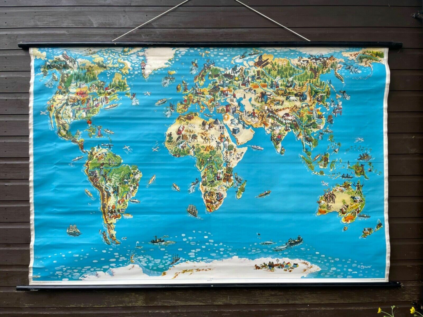 Large Rare Vintage Map Of The World School Chart Trade Pictorial Linen Poster photo furniture