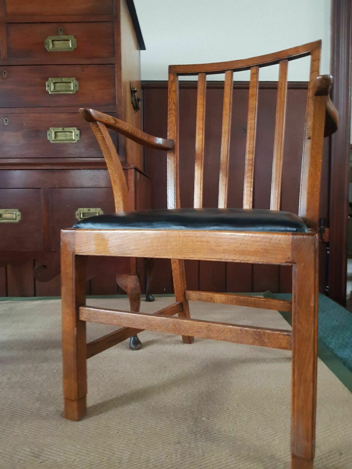 A Set Of Six Edward Barnsley Oak Leather Chairs 50s photo for sale