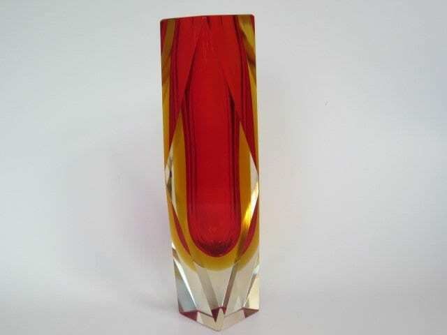 Xxl Space Age Geometric Murano Sommerso Red & Amber Art Glass Vase photo buy