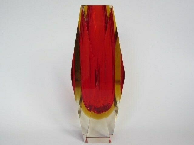 Xxl Space Age Geometric Murano Sommerso Red & Amber Art Glass Vase photo vintage