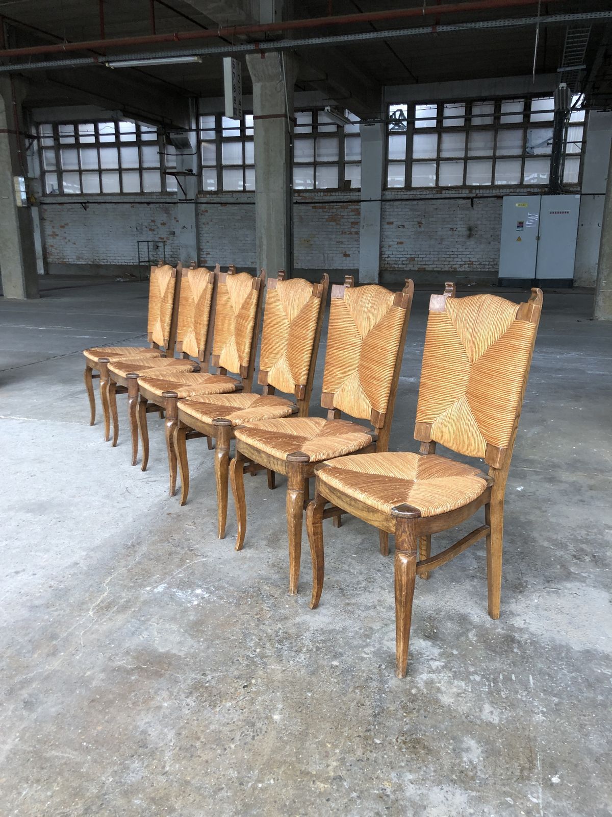 Dining Chairs With Rush Made Of Oak Wood, France 1950s, Set Of 6 photo vintage
