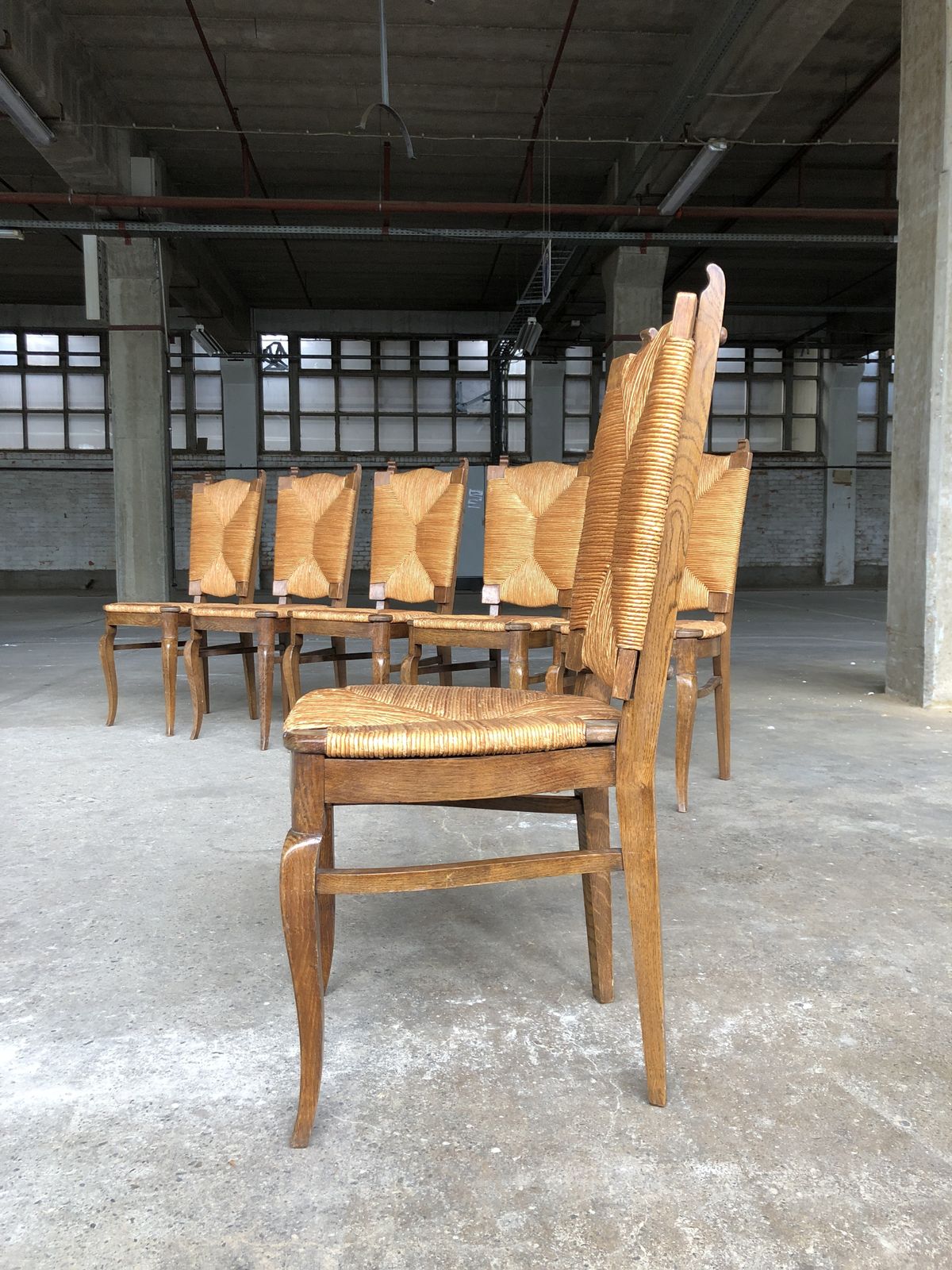 photo for sale Dining Chairs With Rush Made Of Oak Wood, France 1950s, Set Of 6