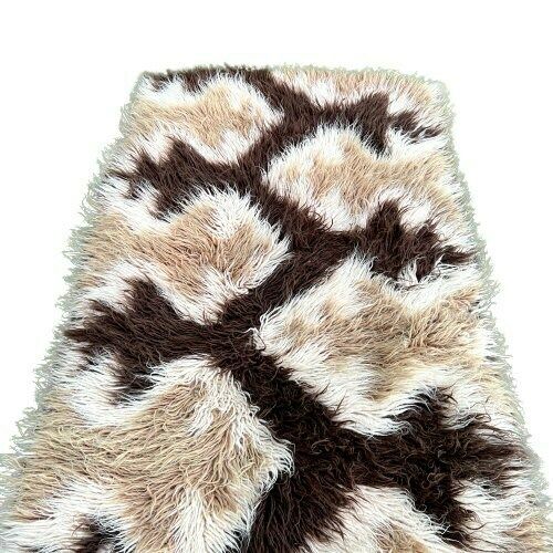 Vintage Brown Cream Beige Wool Hight Pile Rug 70s photo Textiles