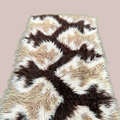 Vintage Brown Cream Beige Wool Hight Pile Rug 70s photo 220.0