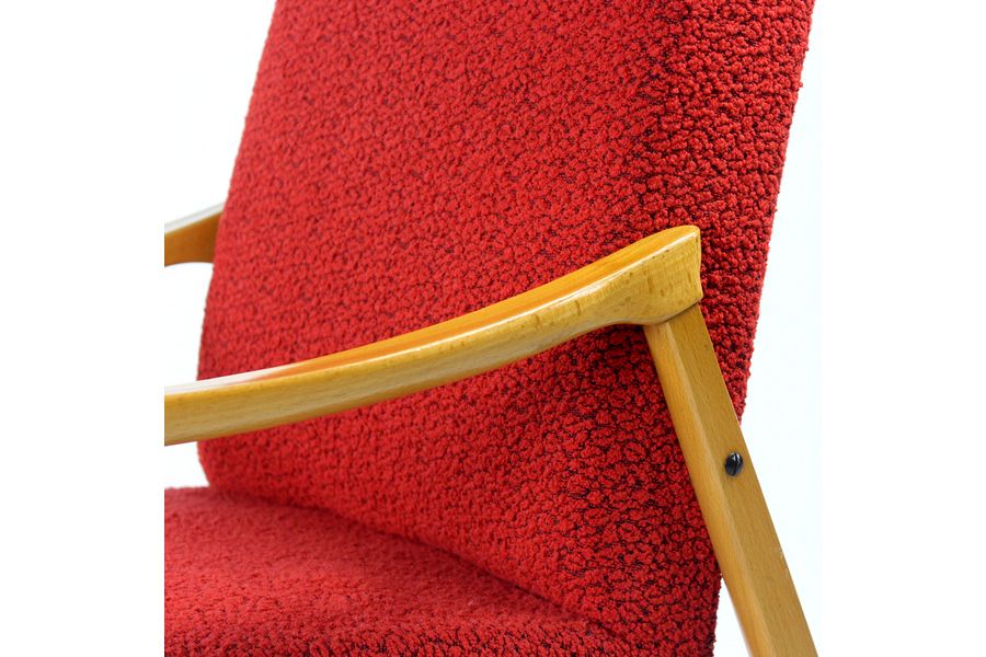 Midcentury Armchair In Light Beech & Red Fabric By Interier Praha, Czechoslovakia 1971 photo vintage