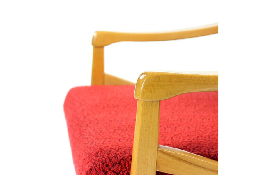 Furniture Midcentury Armchair In Light Beech & Red Fabric By Interier Praha, Czechoslovakia 1971 photo