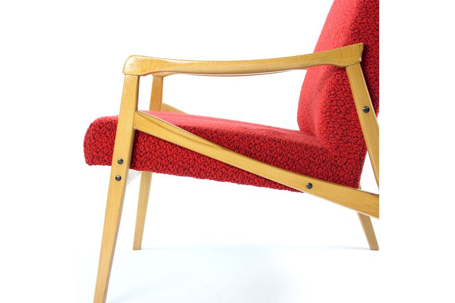 photo buy Midcentury Armchair In Light Beech & Red Fabric By Interier Praha, Czechoslovakia 1971