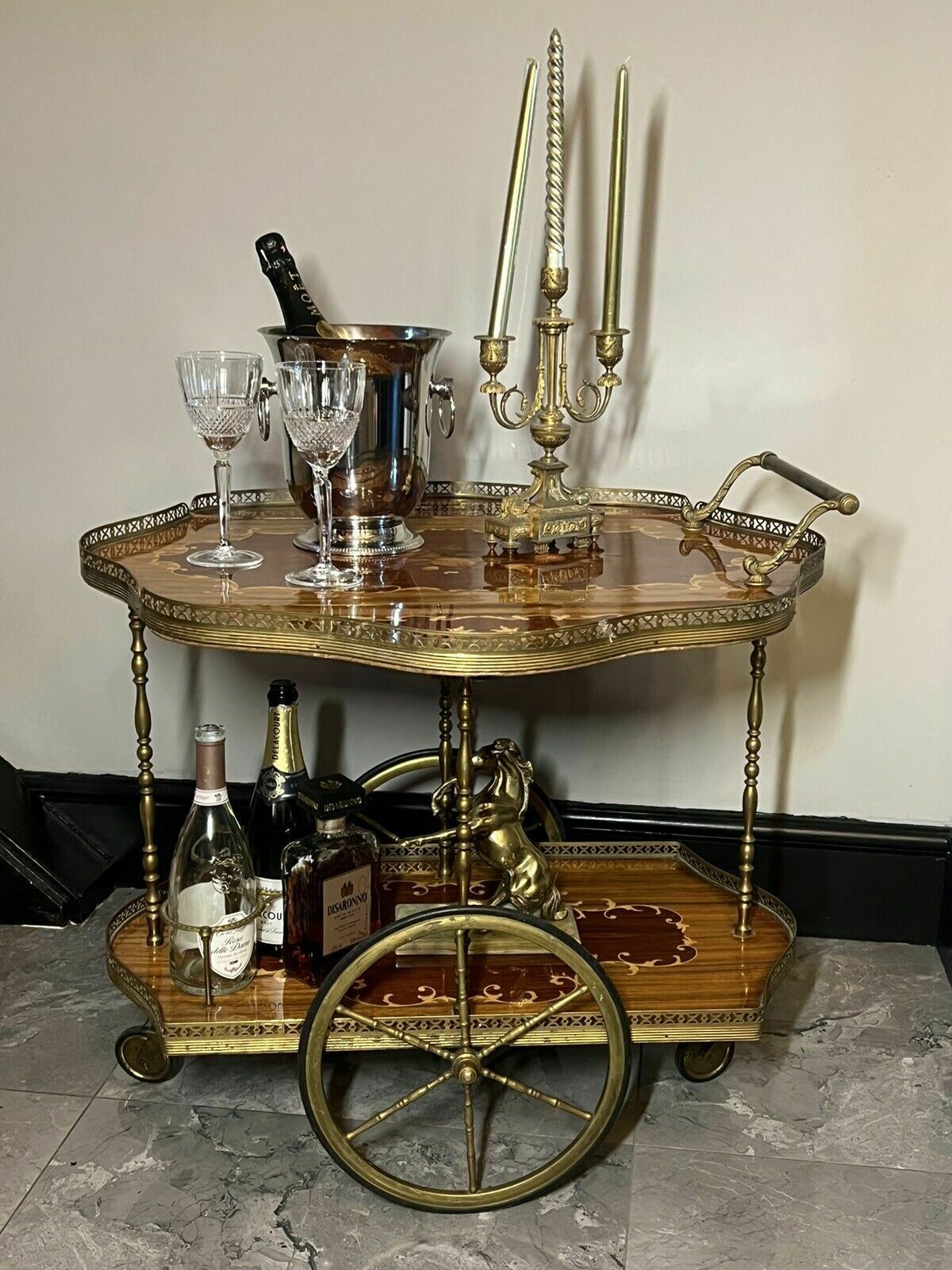 Italian Mid Century Marquetry Double Serpentine Barwagon photo furniture