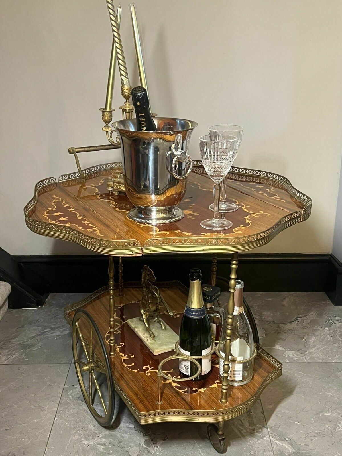 Italian Mid Century Marquetry Double Serpentine Barwagon photo buy