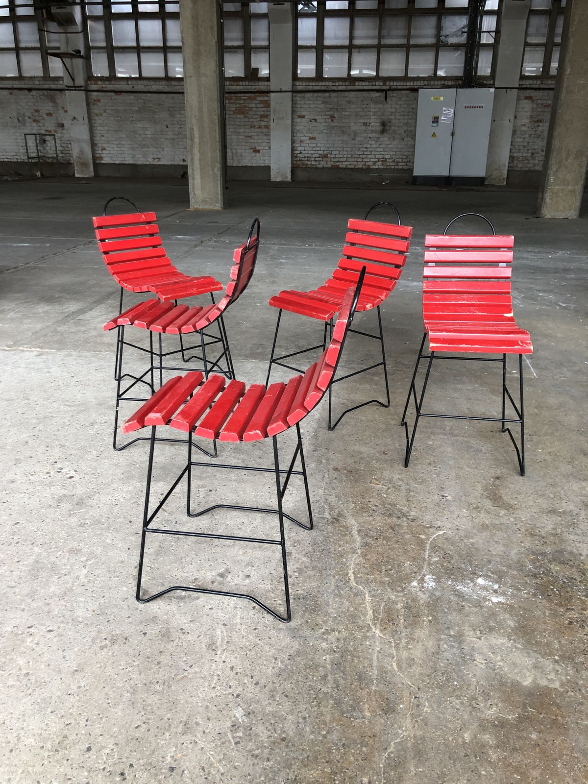 Furniture Playful Dining Chairs With Wooden Slats, 1960s, Set Of 5 photo