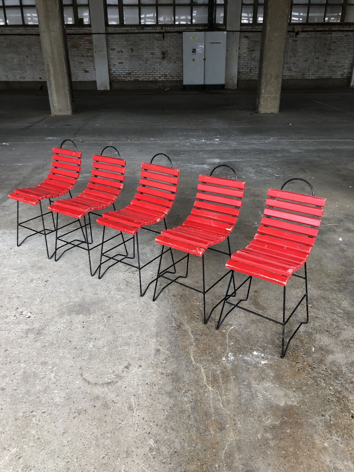 photo vinterior Playful Dining Chairs With Wooden Slats, 1960s, Set Of 5