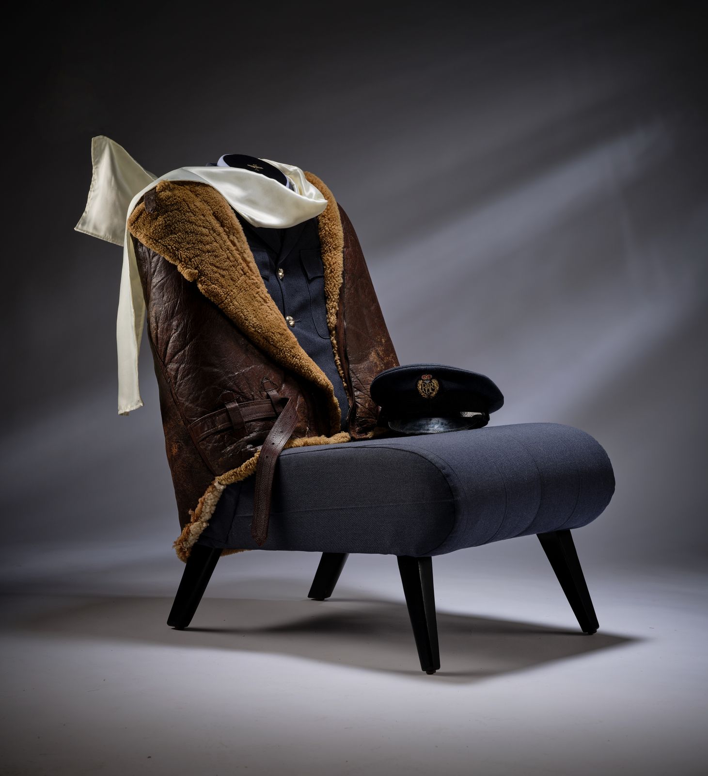 photo furniture The 'Biggles' One Off Original Ww2 Spitfire Pilot Sheepskin And Leather Irvin Flying Jacket Chair, England Circa 1940's.
