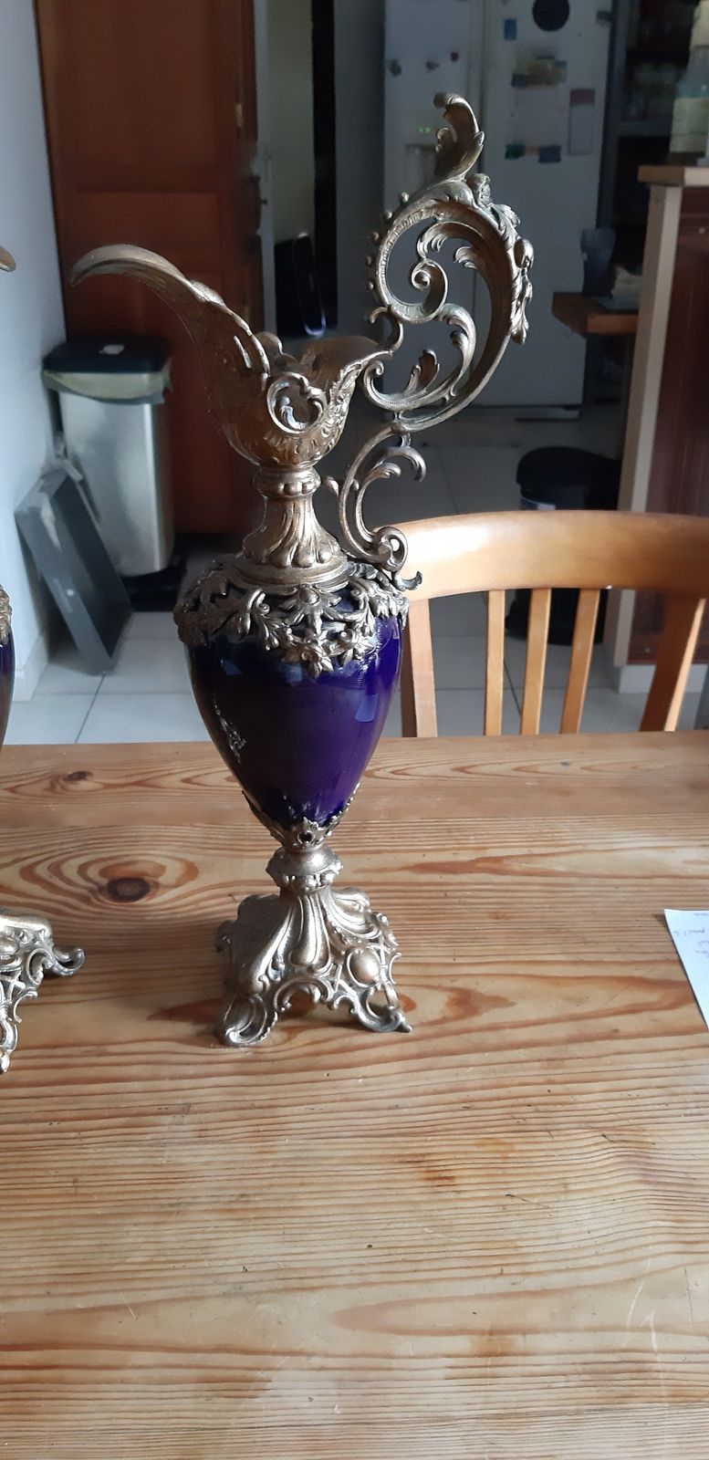 Pair Of Golden Spelter And Blue Glass Ewers photo furniture