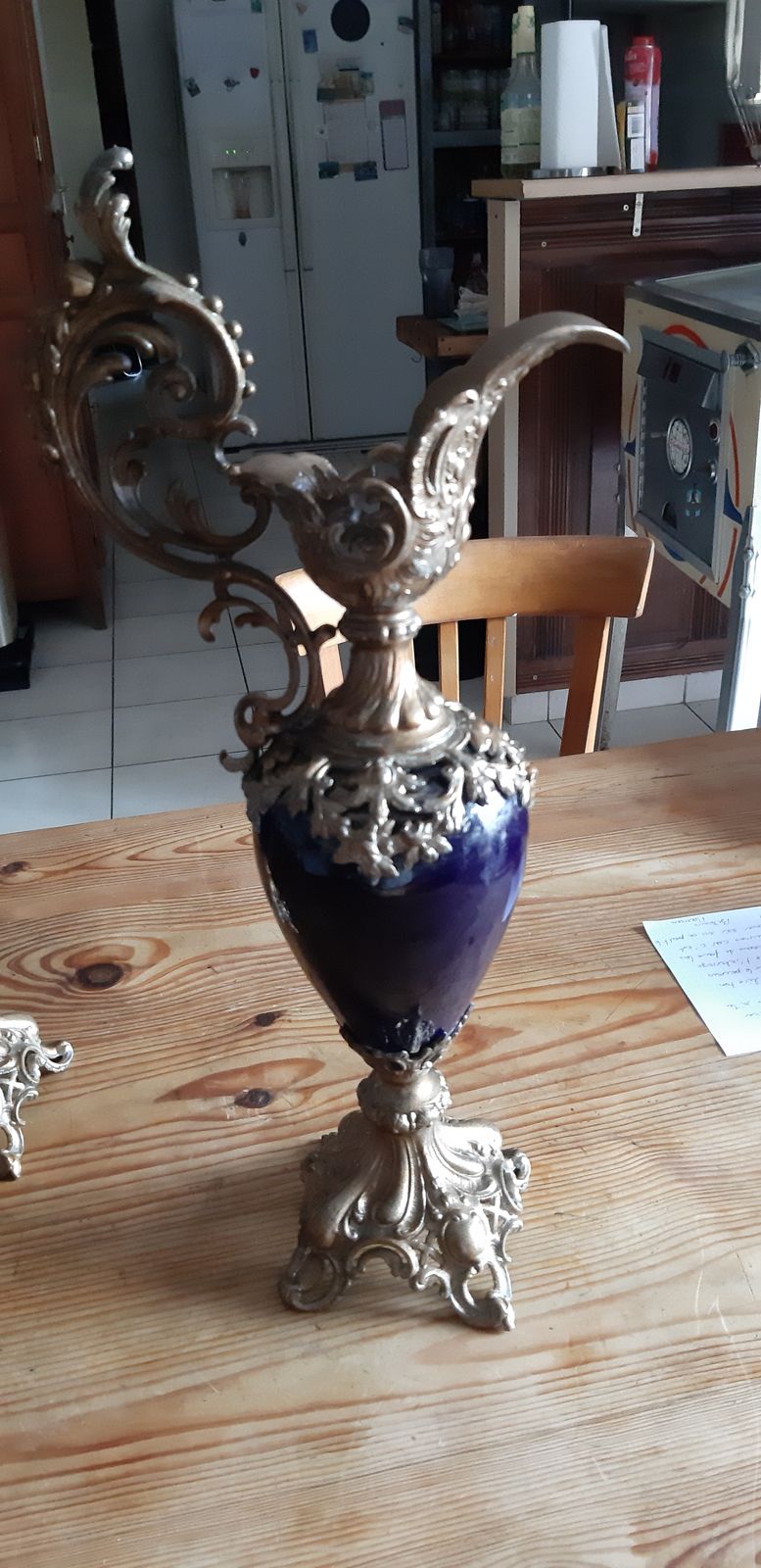 Pair Of Golden Spelter And Blue Glass Ewers photo for sale
