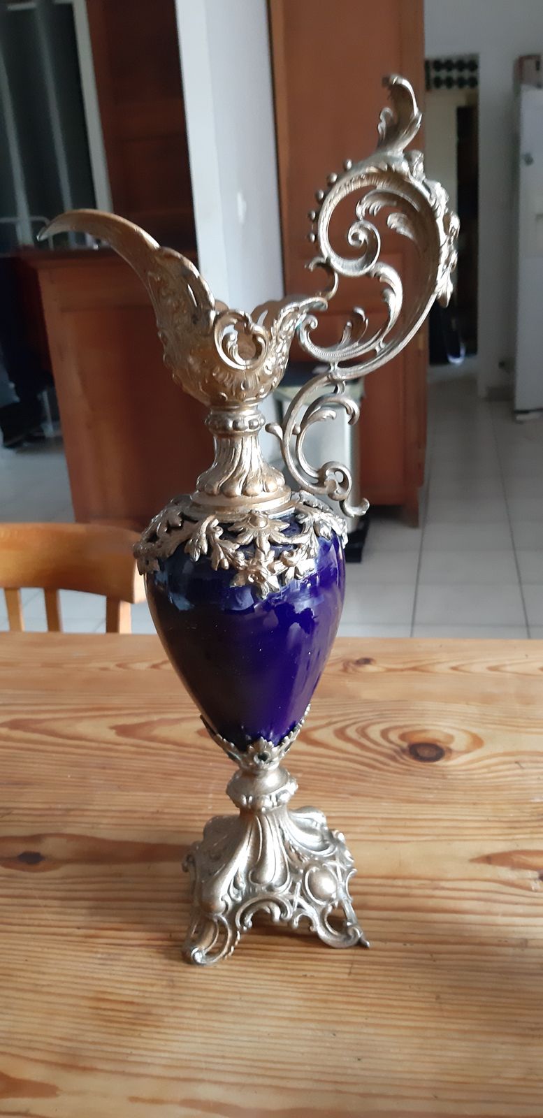 Home Decor Pair Of Golden Spelter And Blue Glass Ewers photo