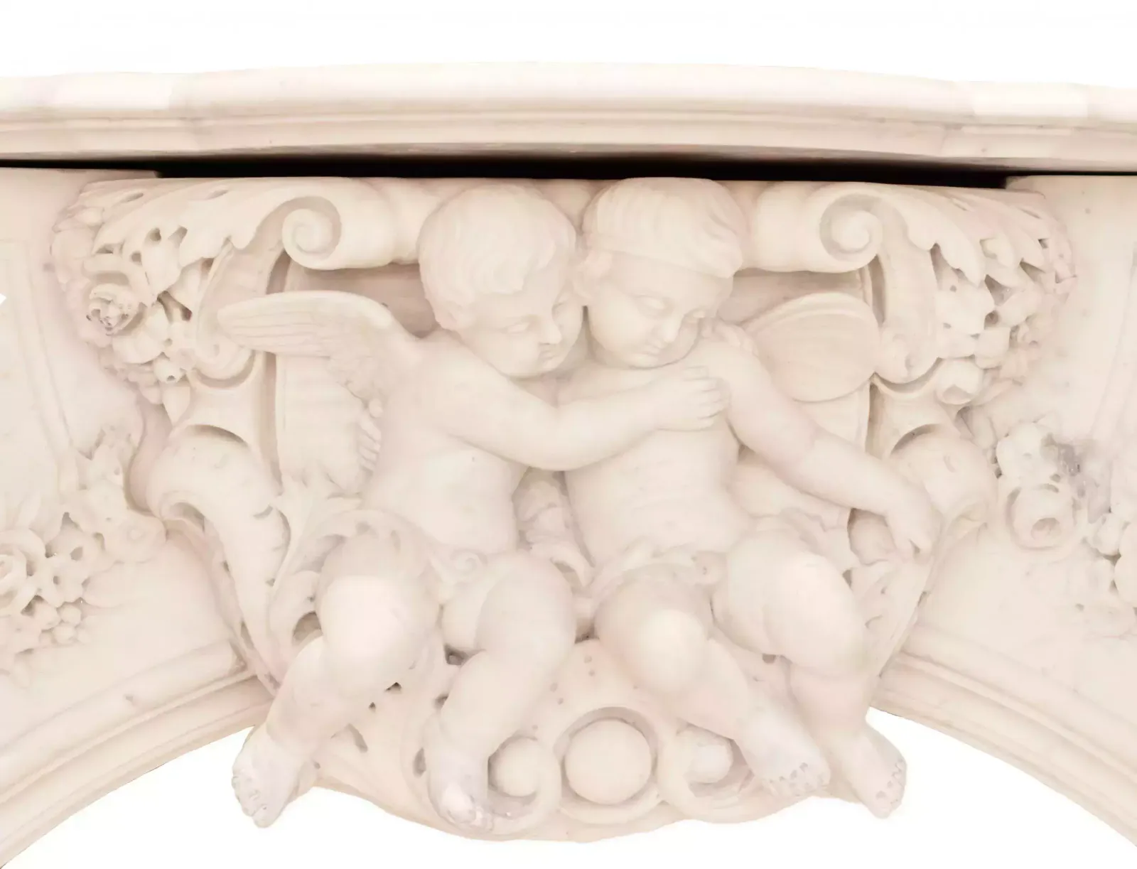 French White Marble Fireplace With Cupids, Louis XV Style. 19th Century photo for sale