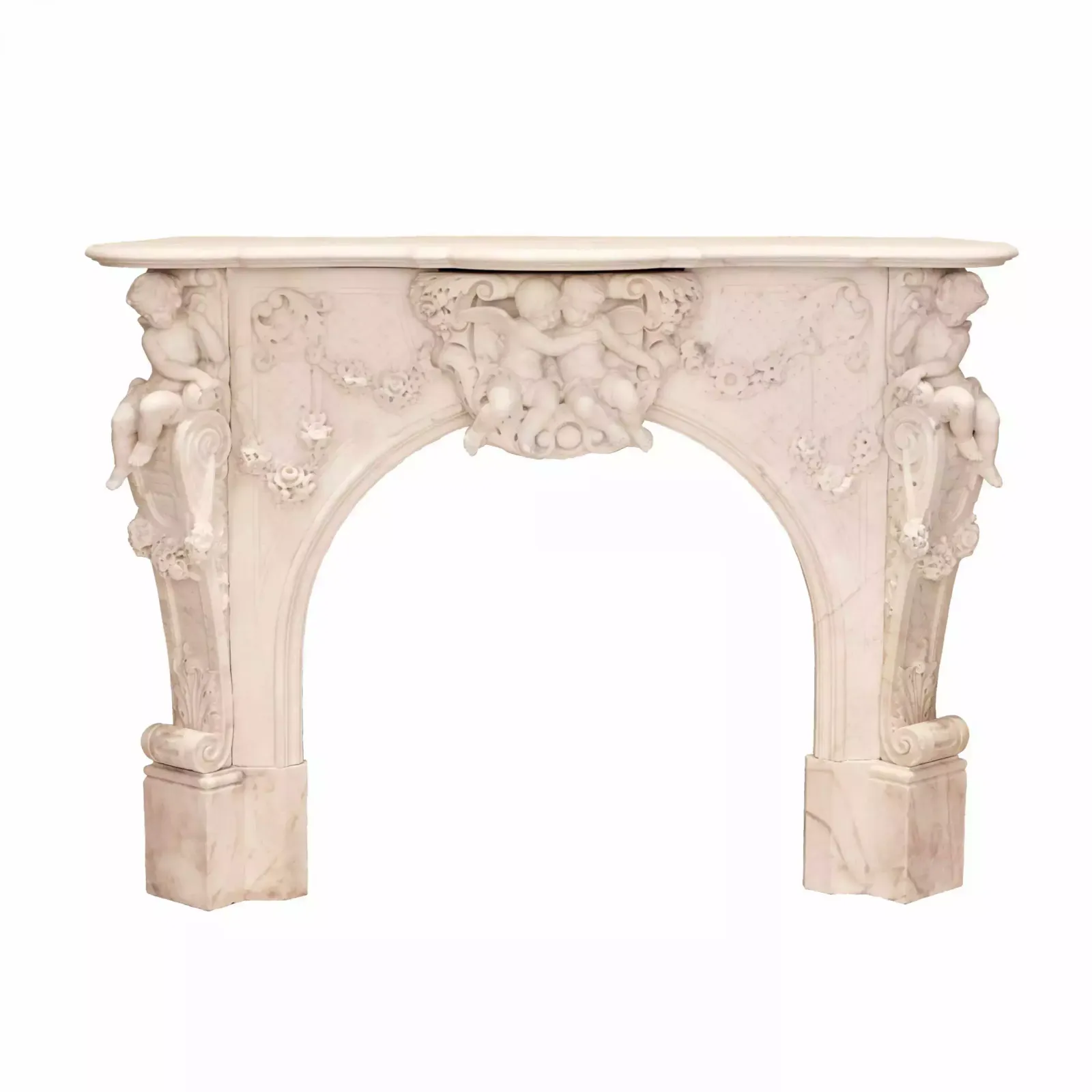 French White Marble Fireplace With Cupids, Louis XV Style. 19th Century photo vinterior