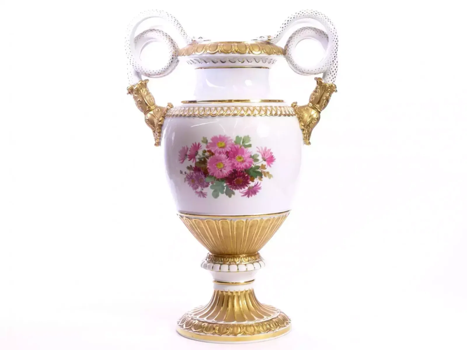 Large Porcelain Vase   Red Chrysanthemums. Meissen.
