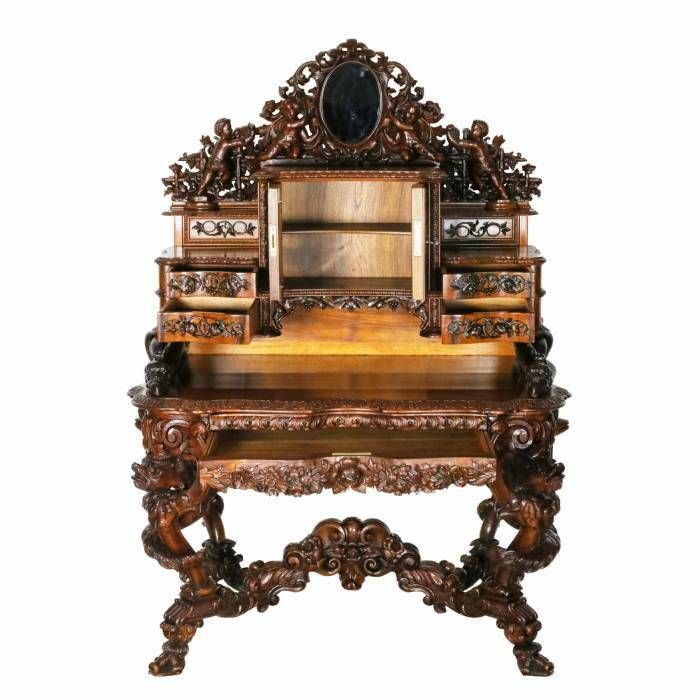 Magnificent Carved Bureau Table In The Baroque Neo Gothic Style. France 19th Century photo for sale