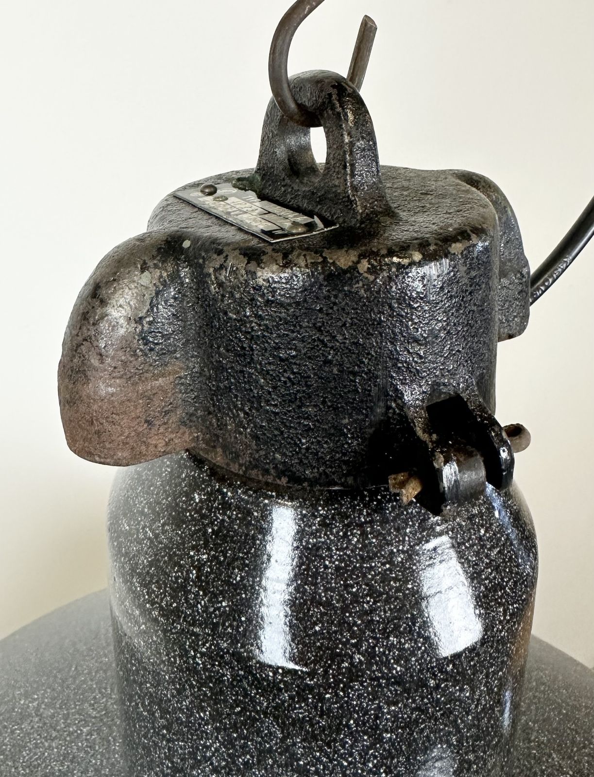 Large Industrial Grey Enamel Factory Lamp With Cast Iron Top, 1960s photo furniture