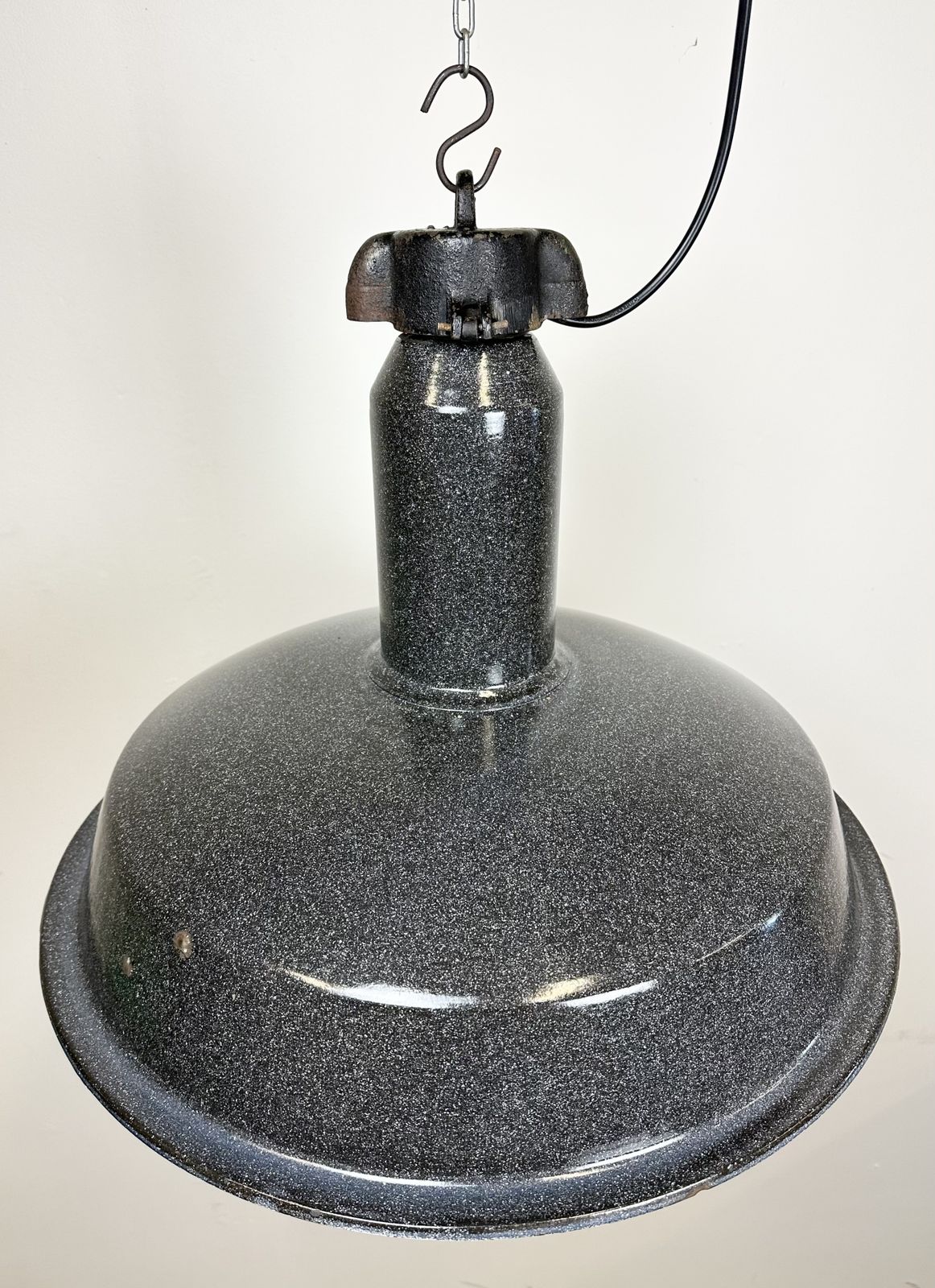 Large Industrial Grey Enamel Factory Lamp With Cast Iron Top, 1960s photo buy