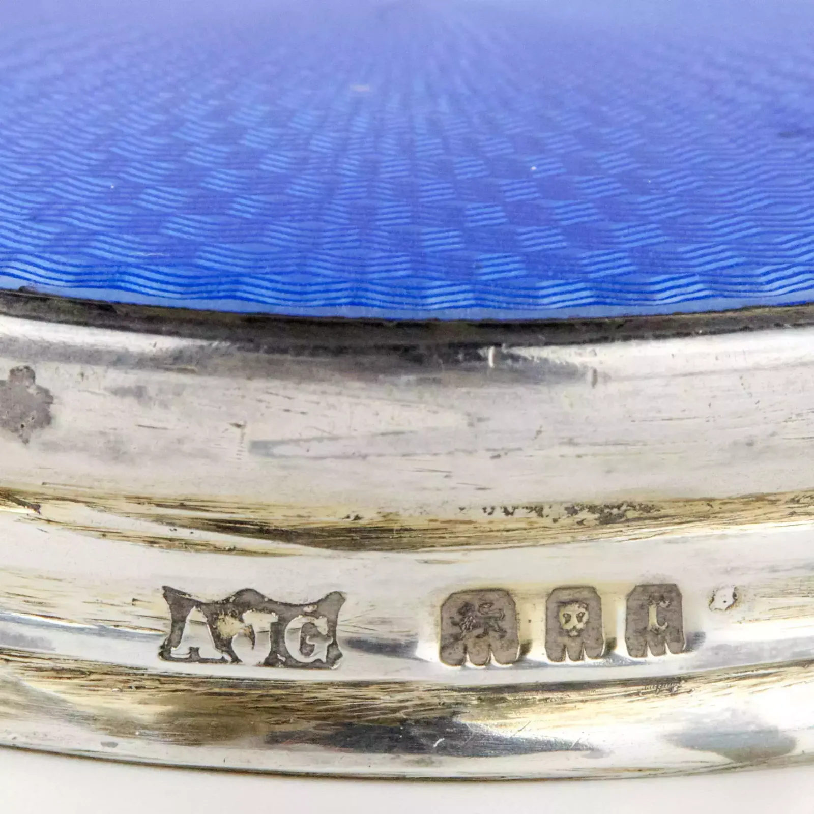 Lady`s Box Made Of Glass With Silver Guilloché Enamel Lid. England 20th Century. photo for sale