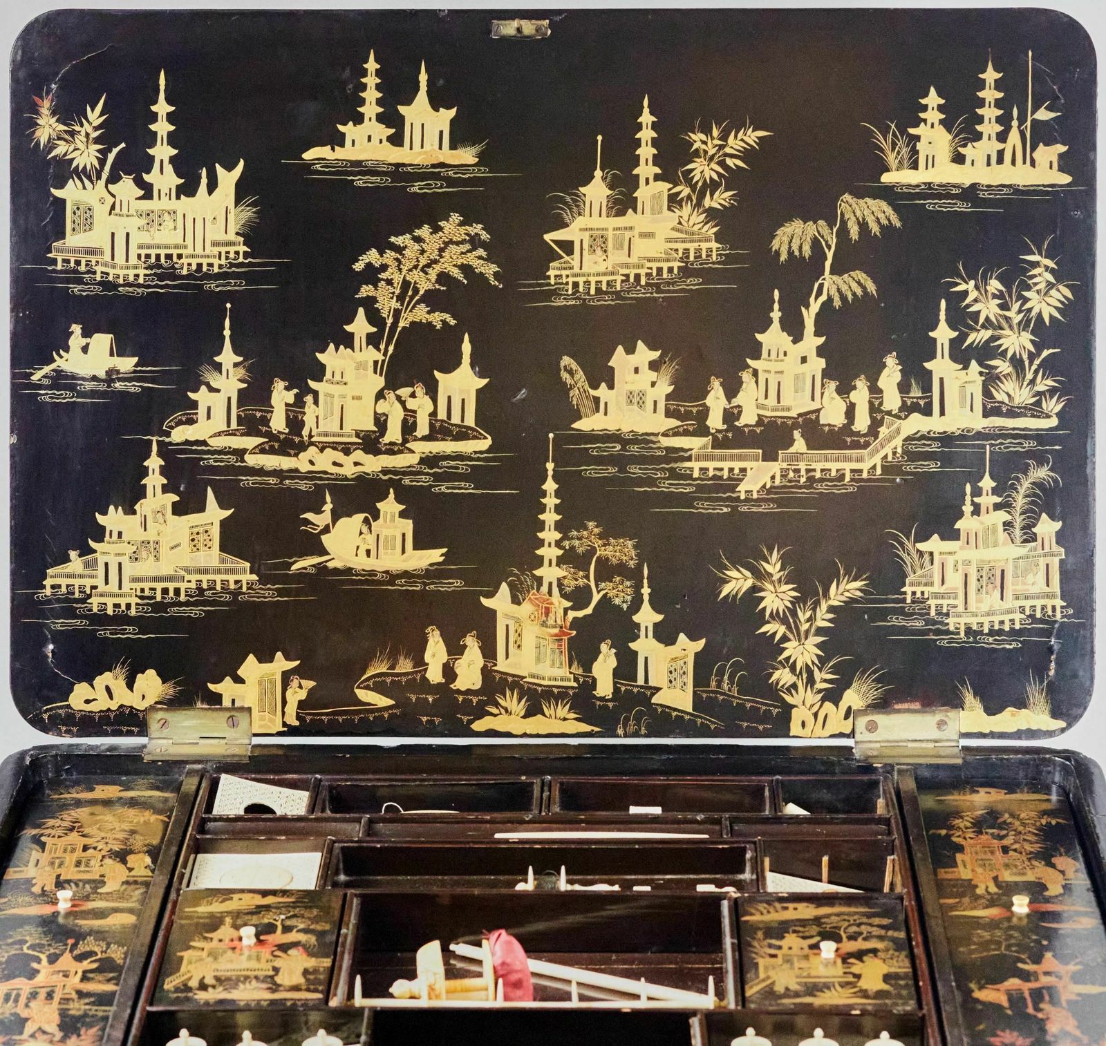 Furniture Handicraft Table Made Of Black And Gold Beijing Lacquer. 19th Century photo