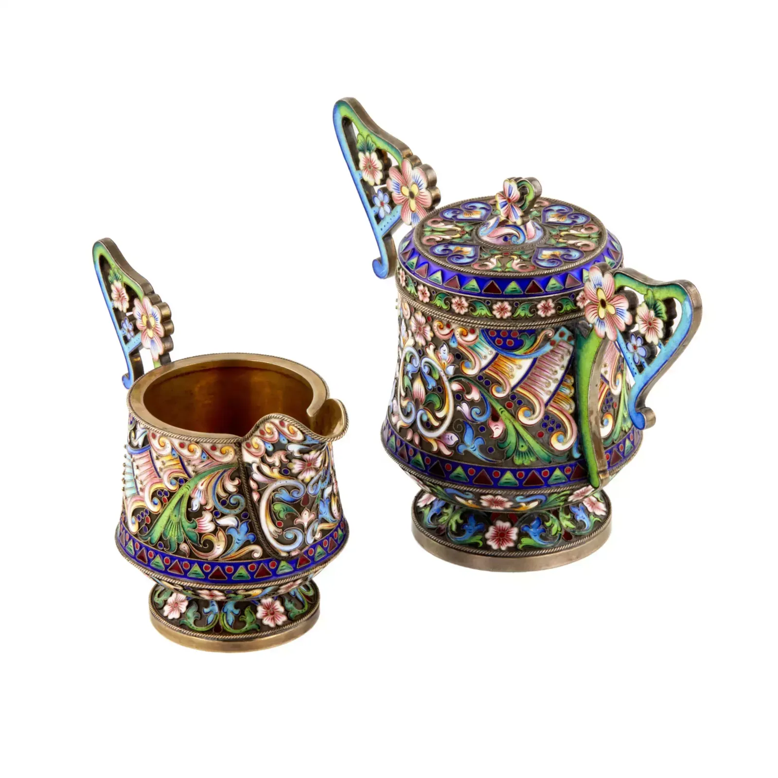 Art Nouveau Cloisonne Enamel Russian Silver Creamer And Sugar Bowl. photo for sale
