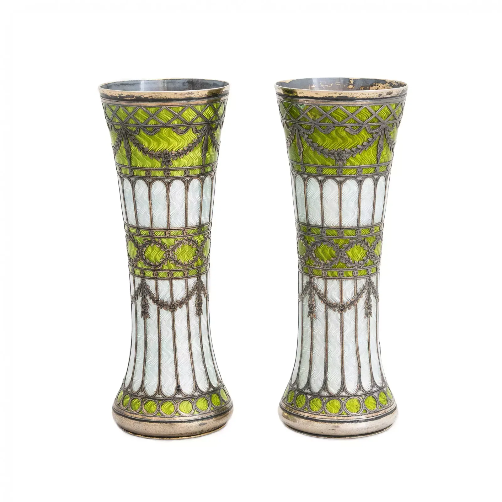 A Pair Of Vases Buds Of Gilded Silver And Guilloche Enamel, Early 20th Century