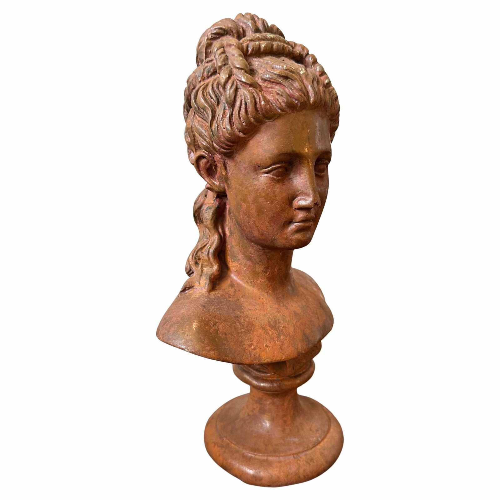 1900s Neoclassical Red Brick Patina Metal Italian Bust Of A Woman photo furniture