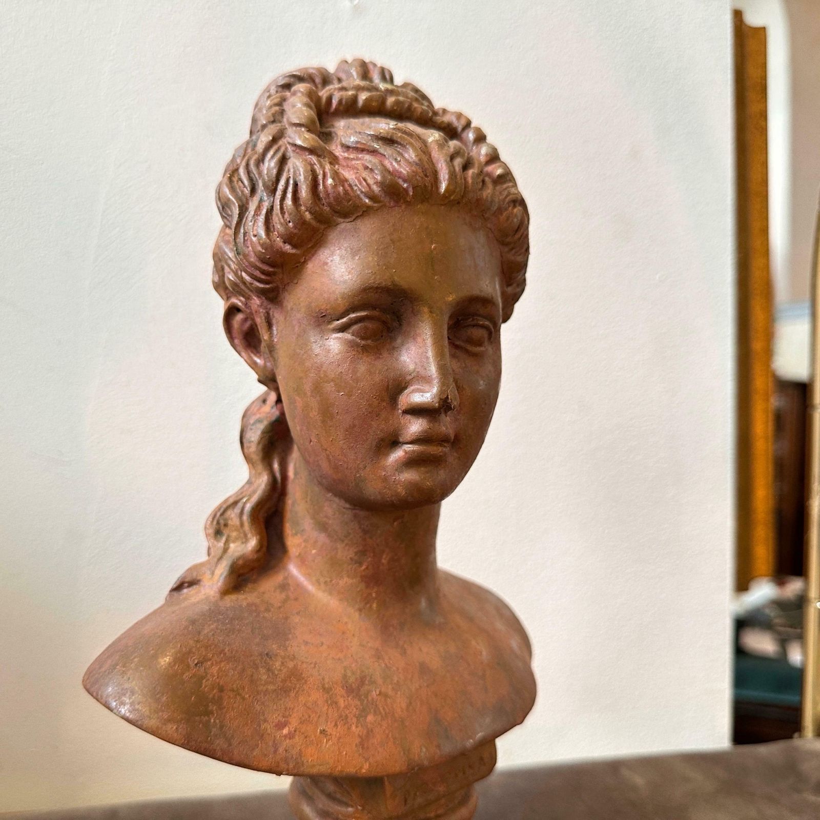 1900s Neoclassical Red Brick Patina Metal Italian Bust Of A Woman photo vintage