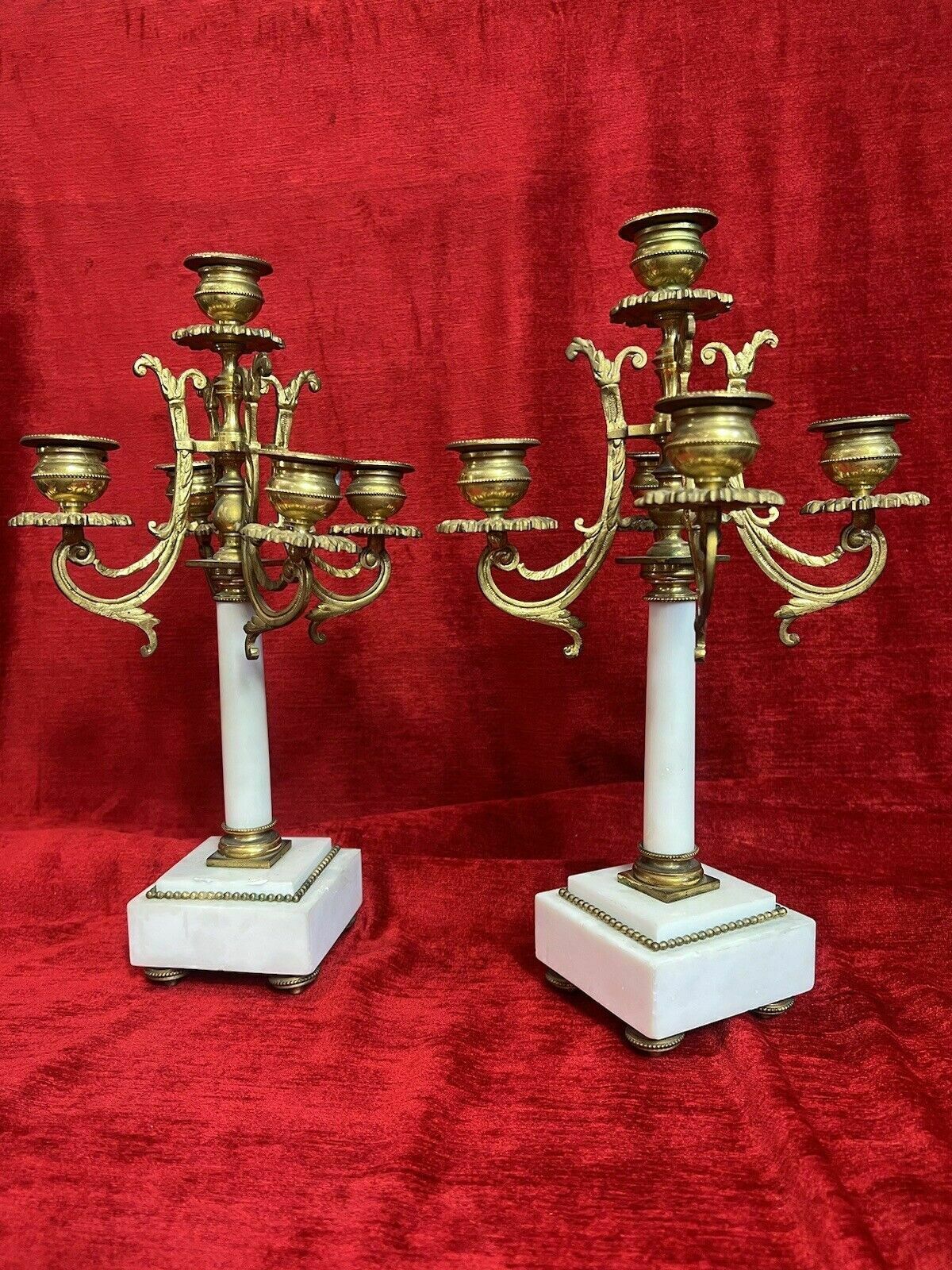 Pair Of French Louis XVI Style Bronze Ormolu/Marble Candelabra photo vinterior