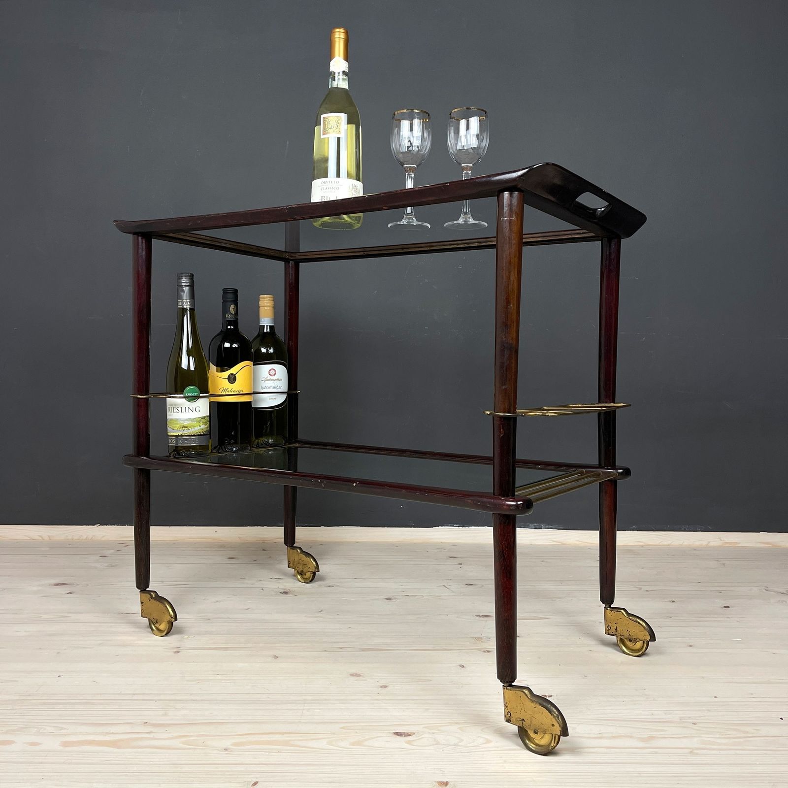 Mid Century Wood And Glass Bar Cart Trolley By Ico Parisi For De Baggis Italy 1960s photo 990.0