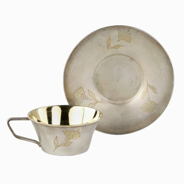 Six Silver Cups With Saucers, Gilded And Engraved. Ussr. 1960 80s photo Home Decor