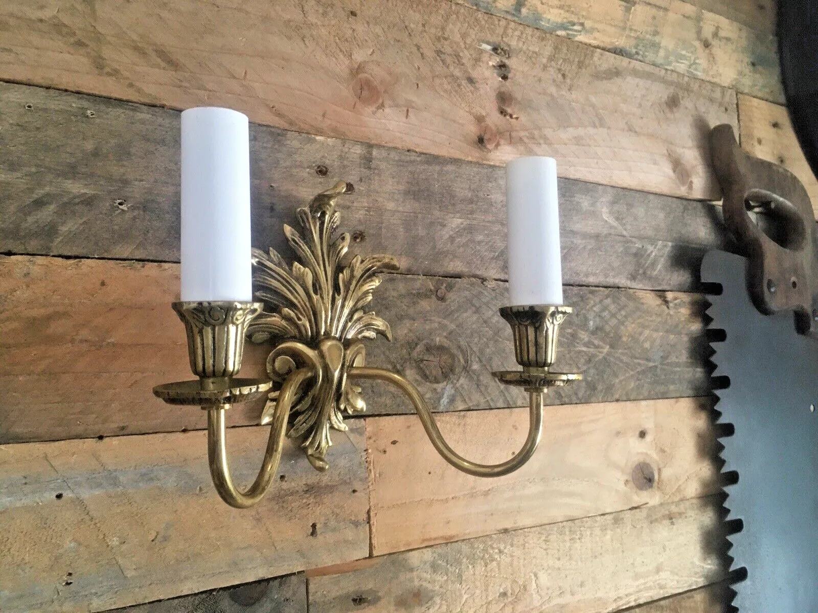 photo for sale 1 Vintage French Ornate Rococo Acanthus Leaf Brass Twin Wall Light Candle Sconce (5 Available)