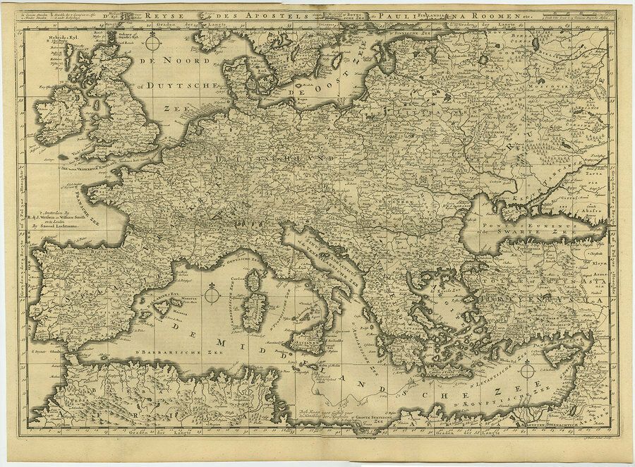 Bible Map Of Europe, 1700s, Antique