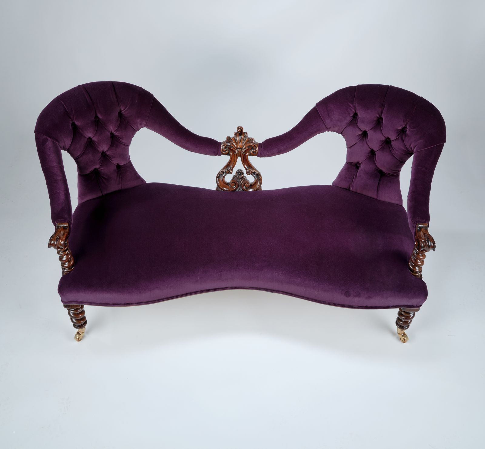 Gorgeous Victorian Barley Twist Rosewood Sofa, Fully Restored And Reupholstered In Rich Purple Velvet, England Circa 1900's. photo for sale