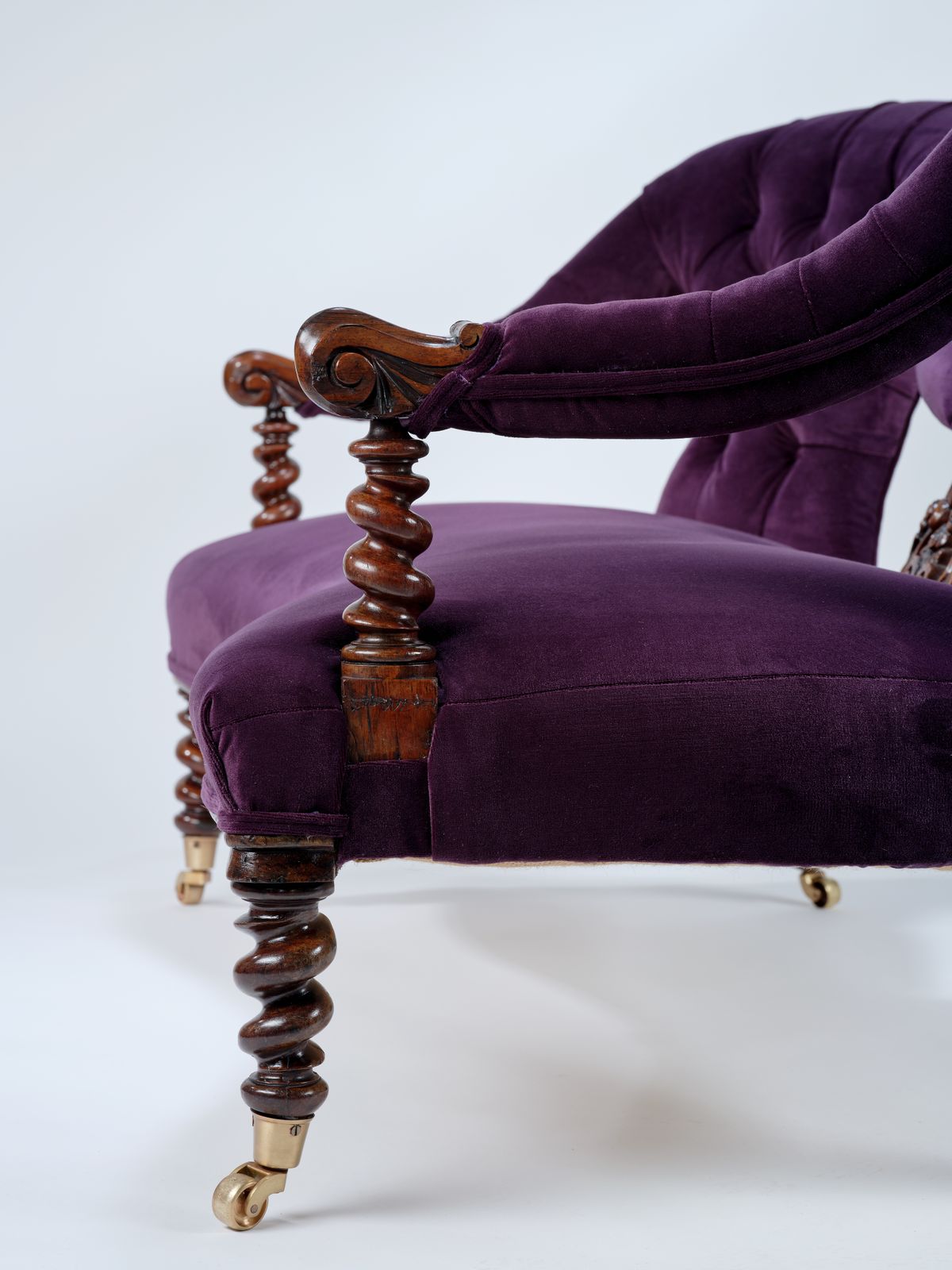 photo for sale Gorgeous Victorian Barley Twist Rosewood Sofa, Fully Restored And Reupholstered In Rich Purple Velvet, England Circa 1900's.