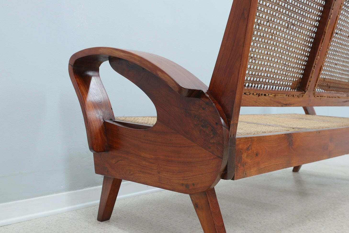 Mid Century Teak Wood And Vienna Straw Easy Sofa + Armchair 1950s photo furniture