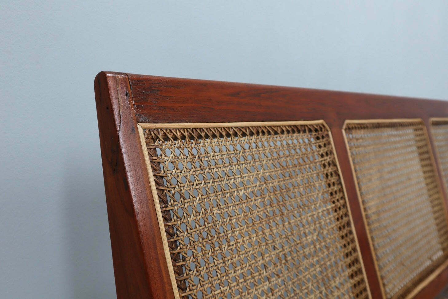 photo for sale Mid Century Teak Wood And Vienna Straw Easy Sofa + Armchair 1950s