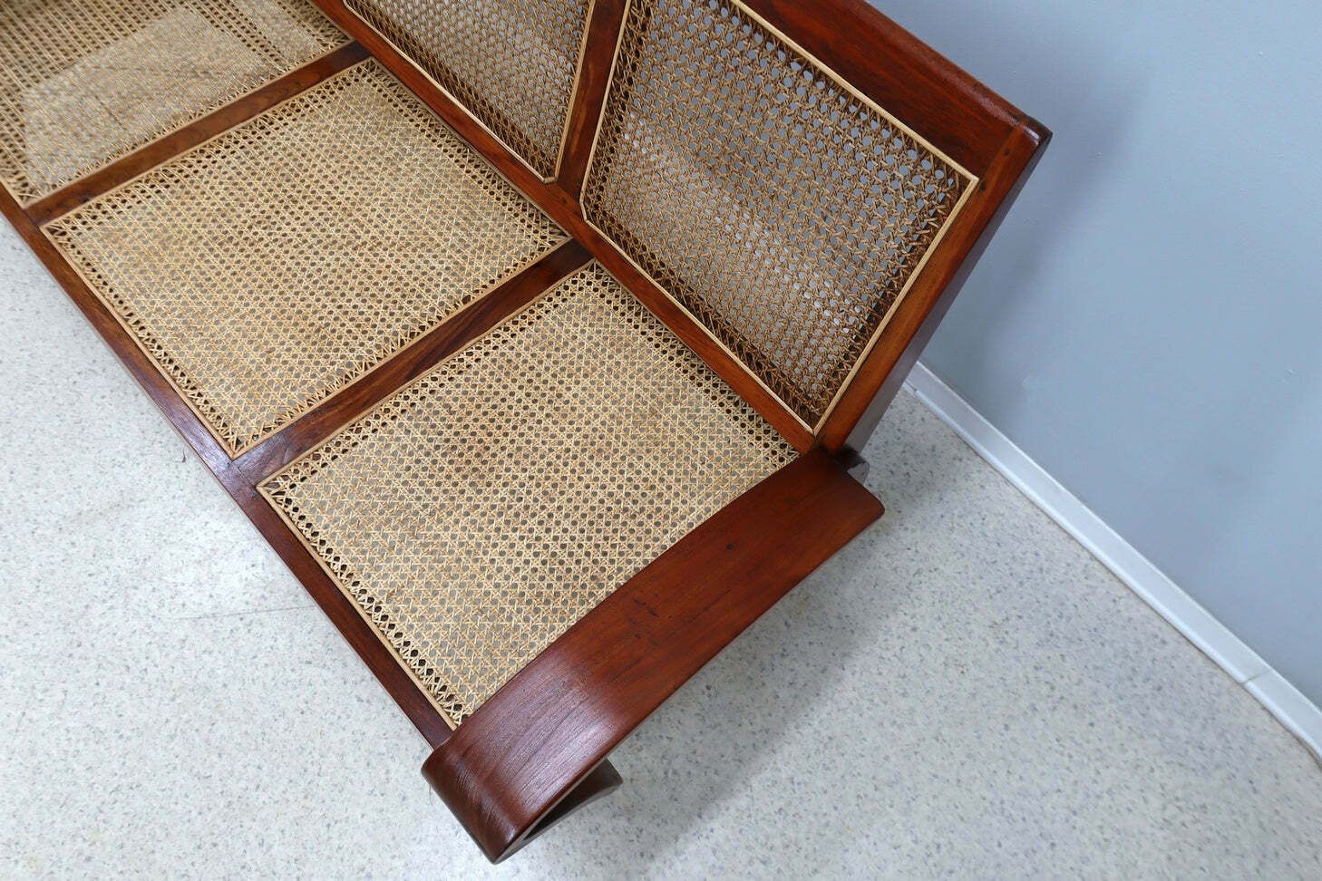 photo vinterior Mid Century Teak Wood And Vienna Straw Easy Sofa + Armchair 1950s